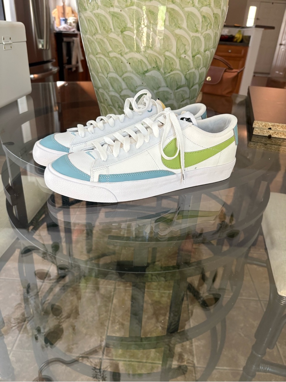 Nike Men’s White Sneakers with Light Blue and Lime Green Accents